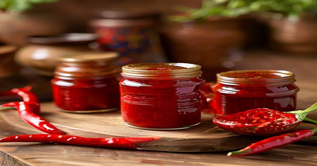 Several containers of gochujang paste displayed on a wooden surface with fresh ingredients nearby