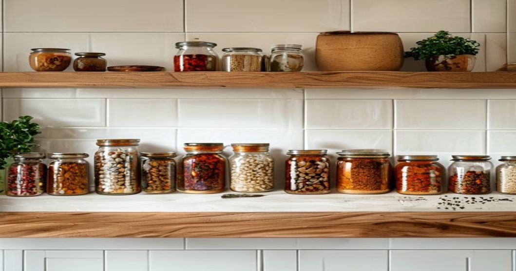 Organized Korean pantry essentials including glass jars of spices, sauces, and dried ingredients on a kitchen shelf.