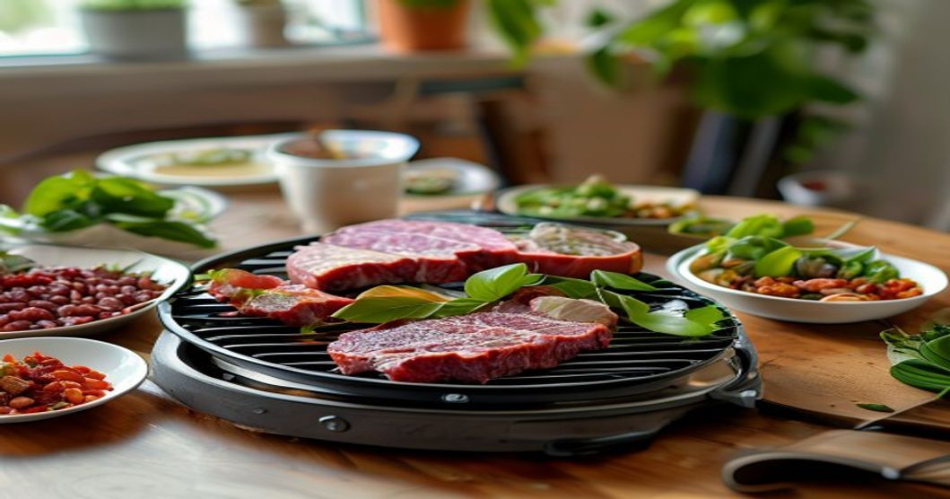 Korean BBQ at home setup with portable grill, marinated meat, and banchan side dishes on a dining table