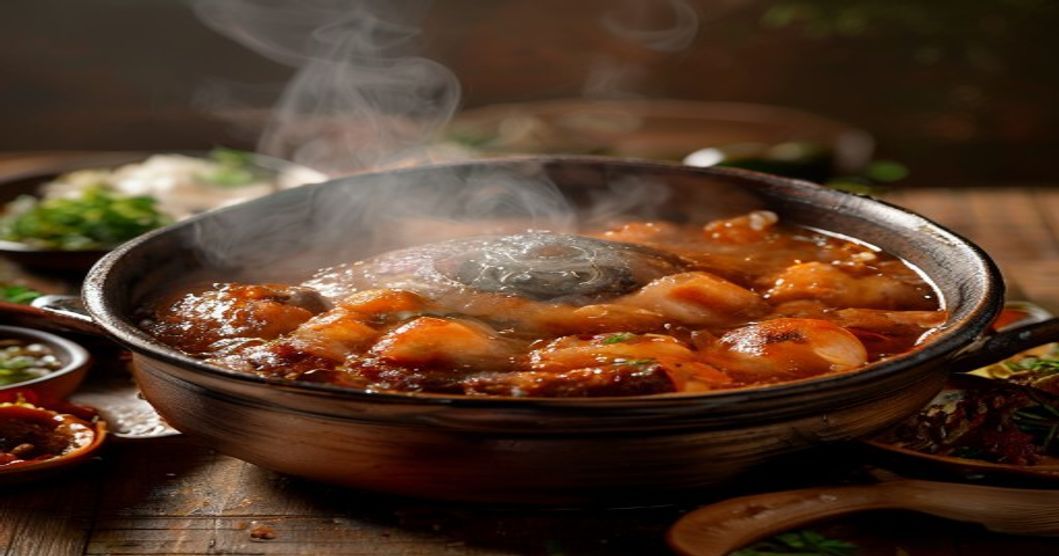 best doenjang brands for Korean soup in a steaming clay pot with banchan spread