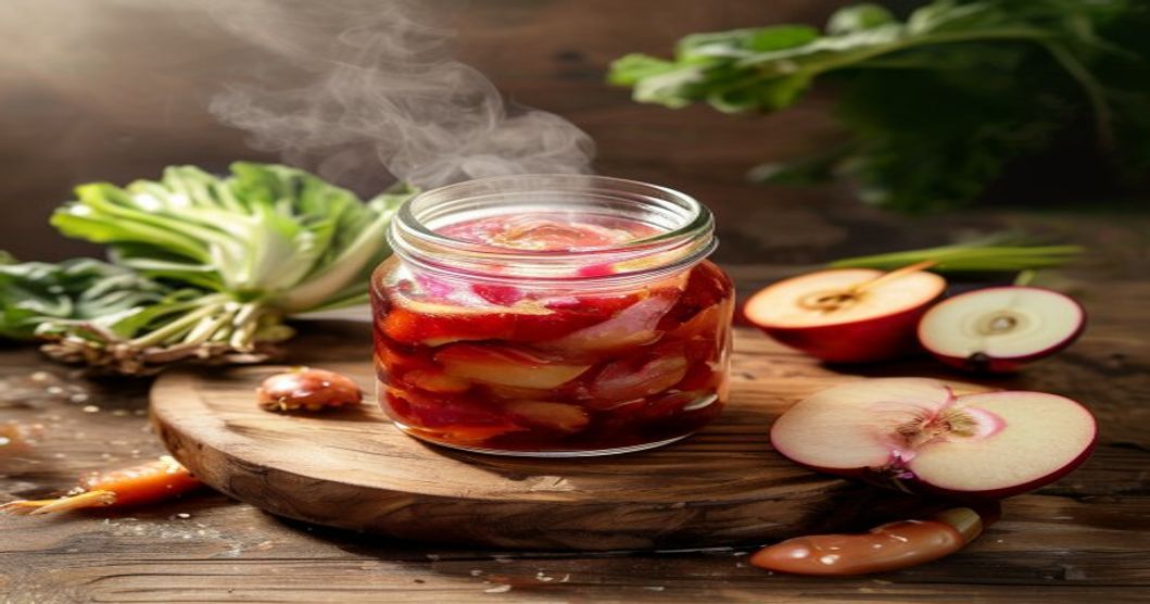 Homemade radish and apple kimchi in a glass jar, fermented side dish ready to serve