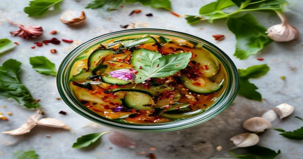 Homemade cucumber kimchi with perilla leaves in a fermentation jar, showing bright green perilla and crispy cucumber pieces with red chili seasoning
