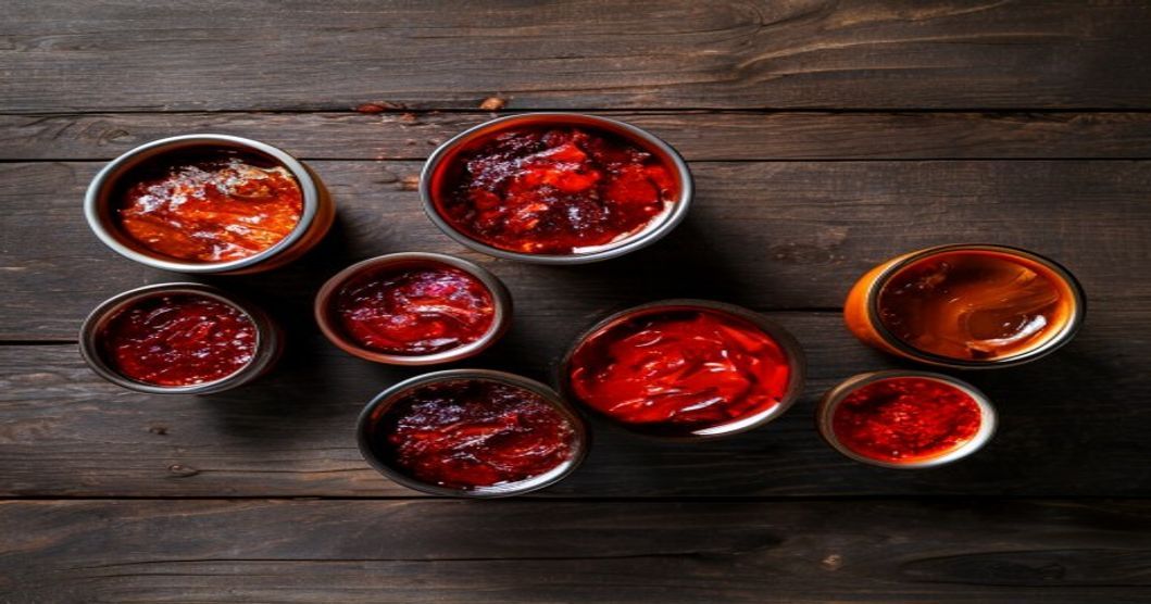 Five different best gochujang brands displayed on a wooden table with traditional Korean ingredients and warm lighting