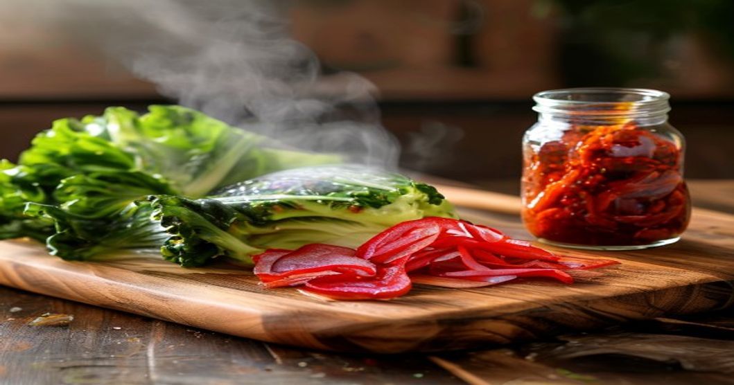 bok choy and radish kimchi preparation with Korean seasonings on wooden cutting board