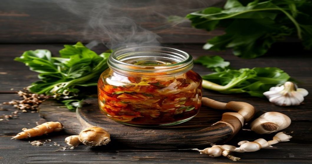 Homemade kimchi with mustard greens and ginger in a glass fermentation jar