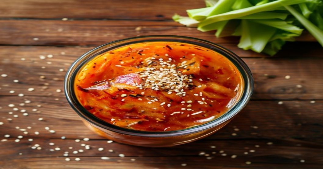 Homemade celery and sesame seed kimchi in a glass fermentation jar with warm moody lighting