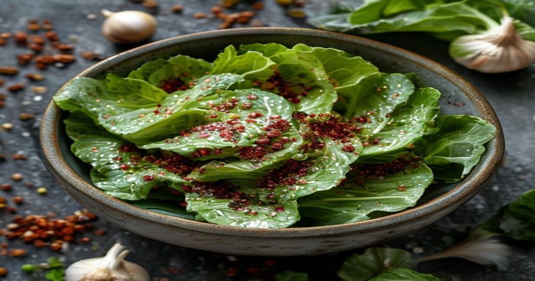 Top-down view of fresh napa cabbage and traditional kimchi ingredients arranged on a dark wooden surface with warm lighting