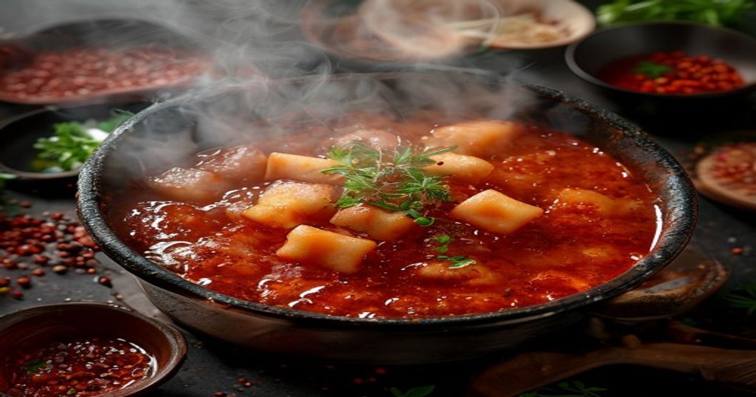 Homemade tteokbokki sauce simmering in a pot with rice cakes and traditional Korean banchan ingredients
