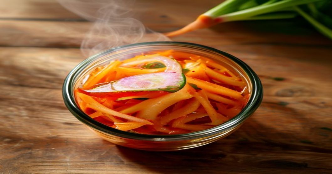 Homemade kimchi with leek and carrot in a glass fermentation jar, mild fermented side dish