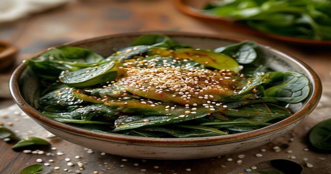 spinach and sesame oil kimchi in a ceramic bowl with toasted sesame seeds, mild fermented Korean side dish