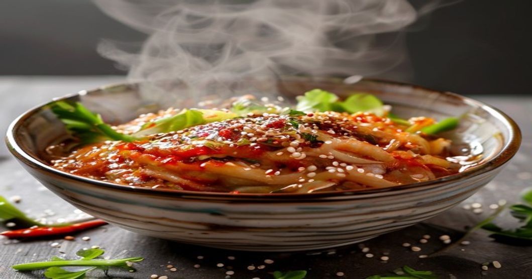 Homemade turnip and scallion kimchi in a ceramic bowl with steam rising, ready to serve as a fermented side dish