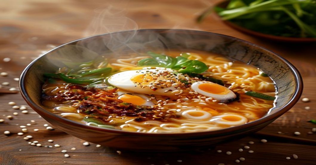 Best Korean instant ramen in a ceramic bowl with toppings and side dishes, warm moody lighting