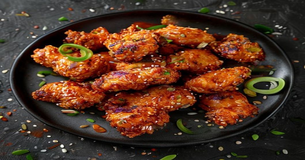Crispy dakgangjeong (Korean sweet and spicy fried chicken) plated on dark slate with sesame seeds and fresh garnish