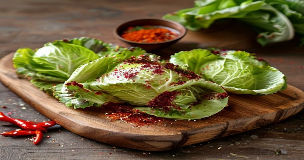 Ingredients for making mild kimchi including napa cabbage, gochugaru powder alternatives, garlic, and ginger on a wooden surface