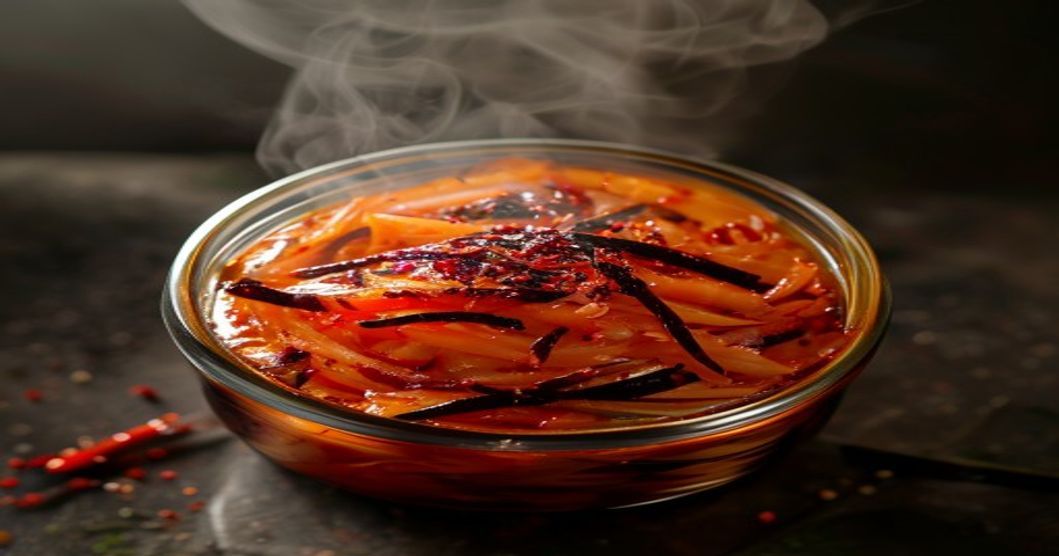 Homemade daikon radish kimchi in glass jar with visible ingredients and fermentation, warm kitchen lighting
