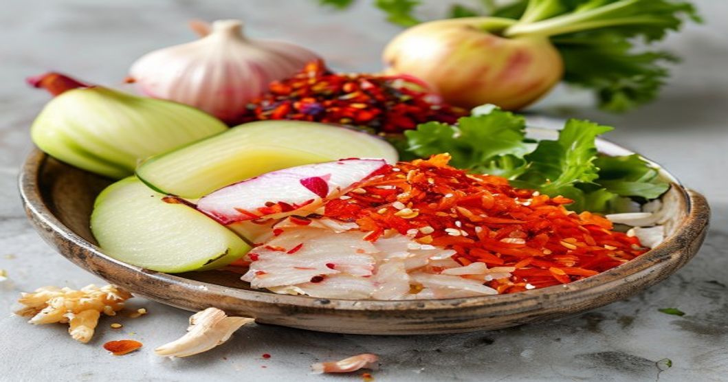 Fresh ingredients for radish and apple kimchi: daikon radish, apple, chili flakes, garlic, and ginger