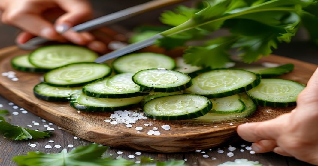 Slicing fresh cucumbers for cucumber kimchi preparation, showing proper cutting technique and fresh ingredients