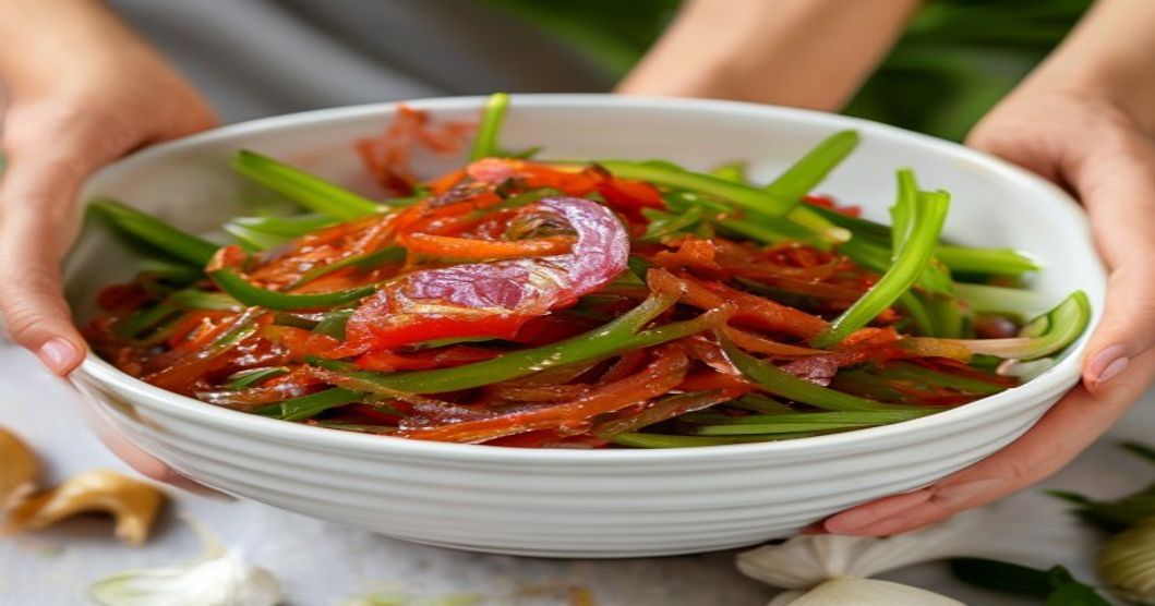 Hands coating green onions with spicy kimchi paste during the fermentation preparation process