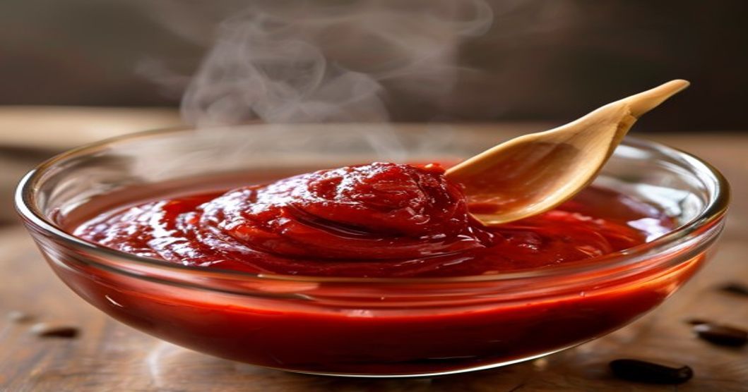 Gochujang paste stirred in a bowl showing fermented texture and authentic color