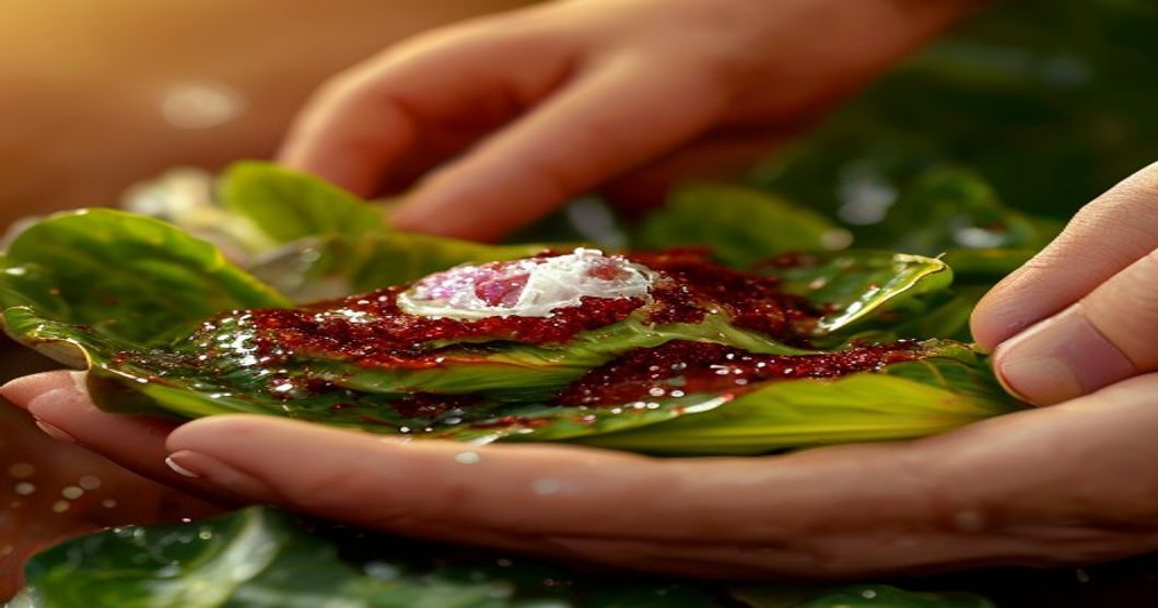 massaging bok choy with gochugaru Korean chili flake paste during kimchi preparation