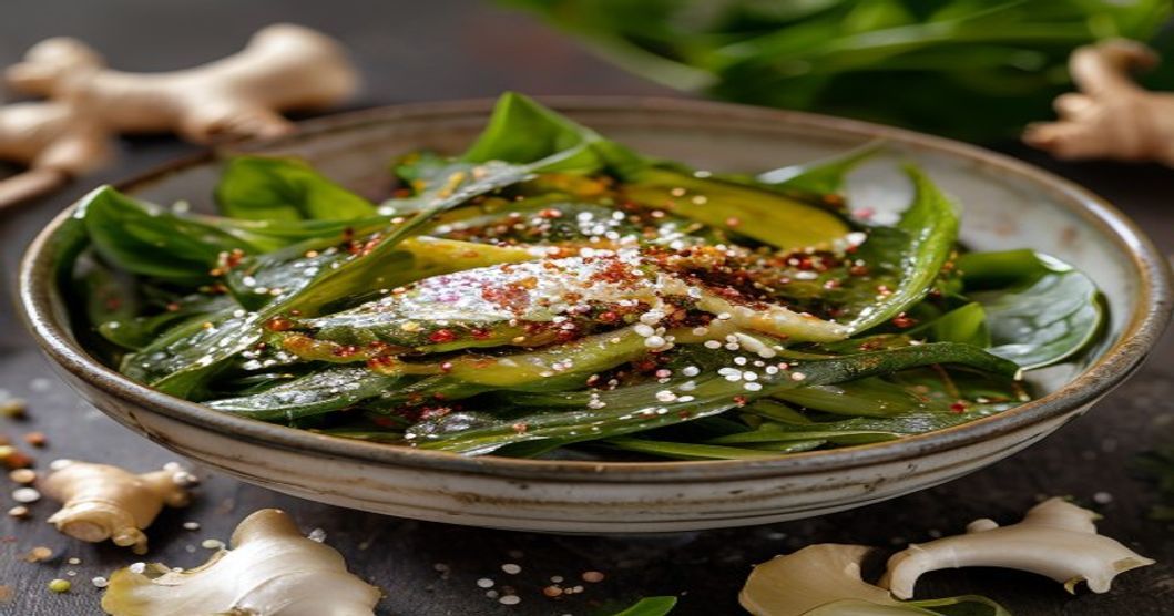 Massaging mustard greens with salt and Korean red chili flakes for kimchi preparation