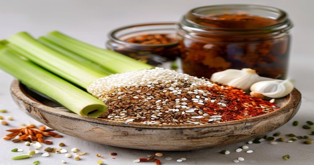 Ingredients for making celery kimchi laid out on a wooden surface including fresh vegetables and Korean spices