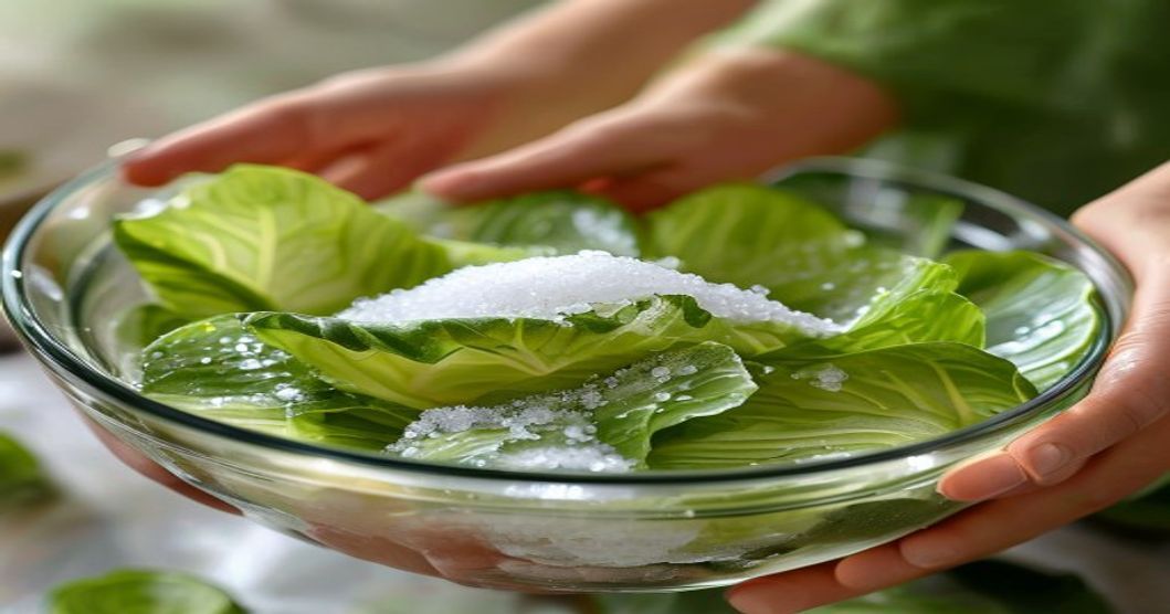 Hands salting and massaging napa cabbage during the brining step of homemade kimchi preparation