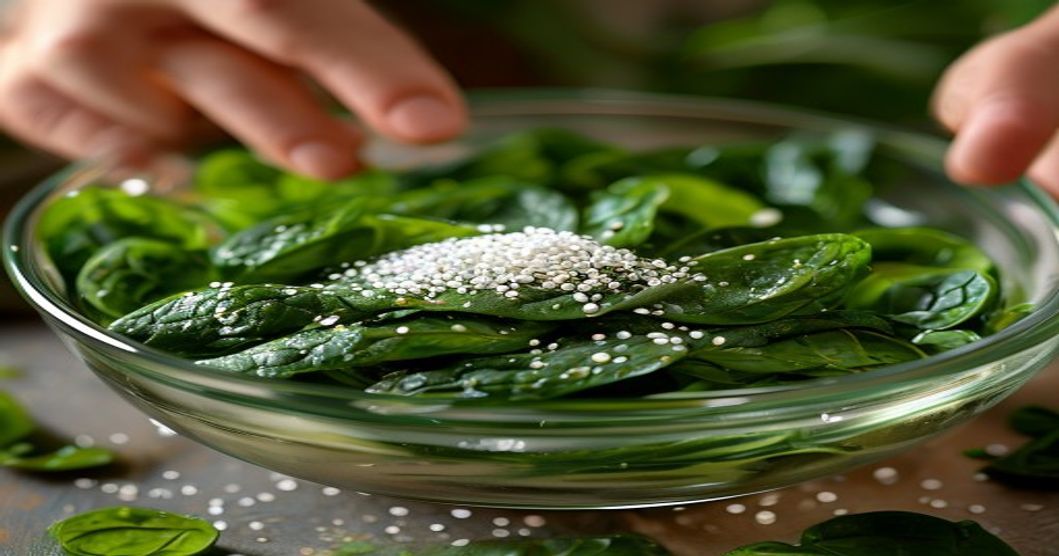 spinach being mixed with sesame oil and salt for kimchi preparation