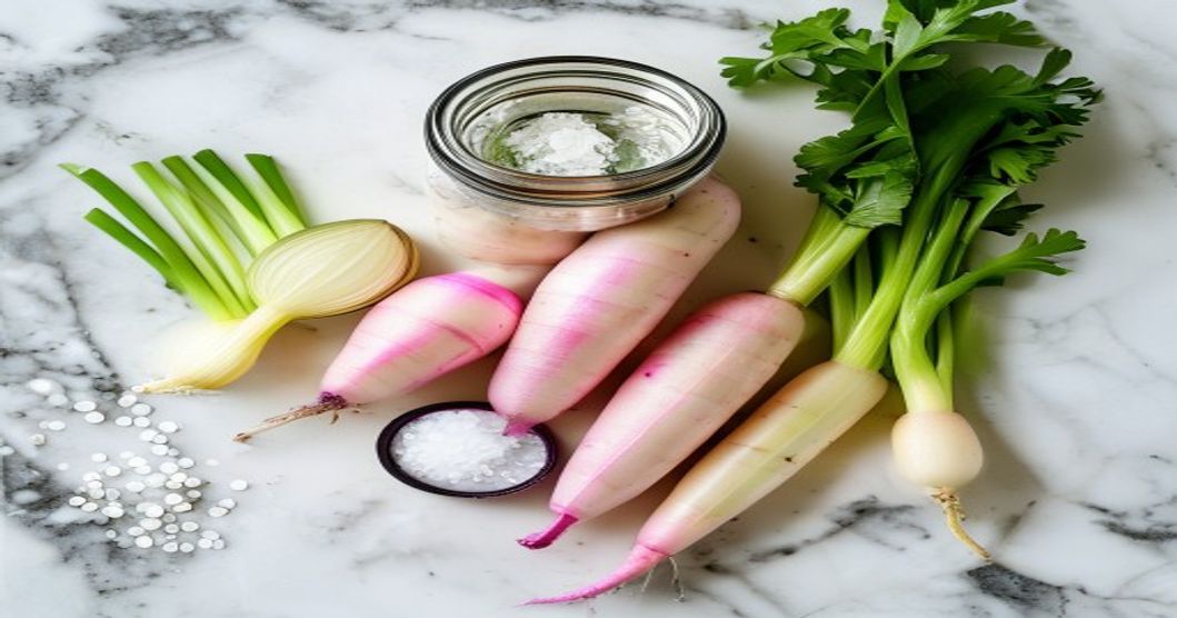 Ingredient setup for turnip and scallion kimchi showing cut vegetables and salt ready for fermentation