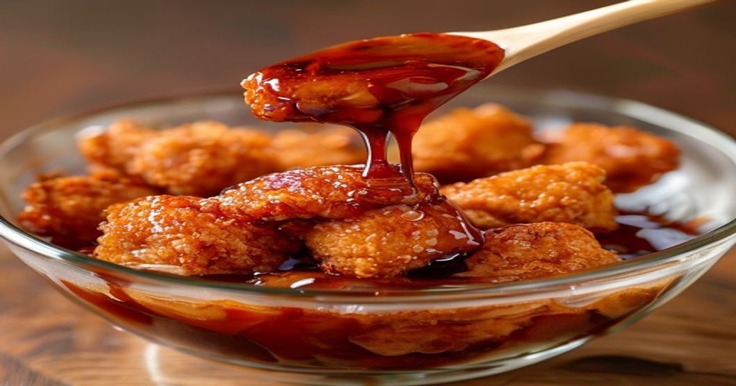 Dakgangjeong chicken pieces being coated in sweet soy glaze sauce with a wooden spoon