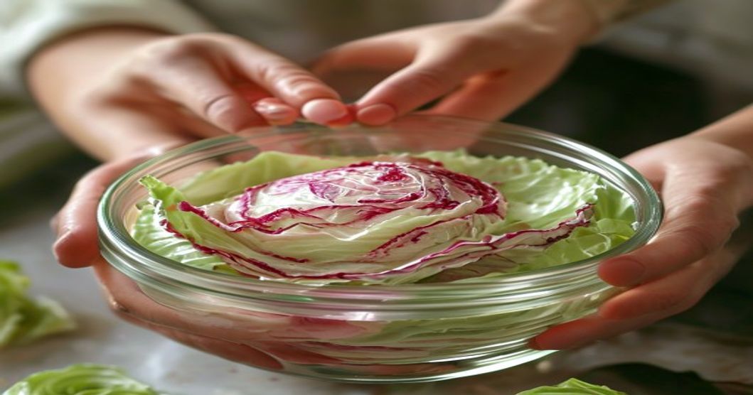 Layering cabbage with mild gochugaru alternative paste during kimchi preparation