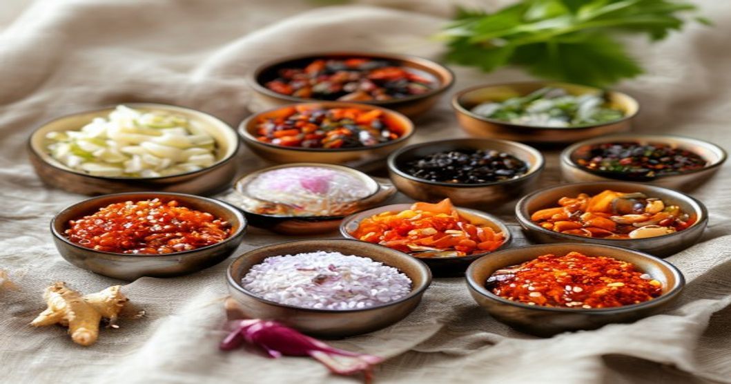 Kimchi ingredients and seasonings laid out for fermentation preparation