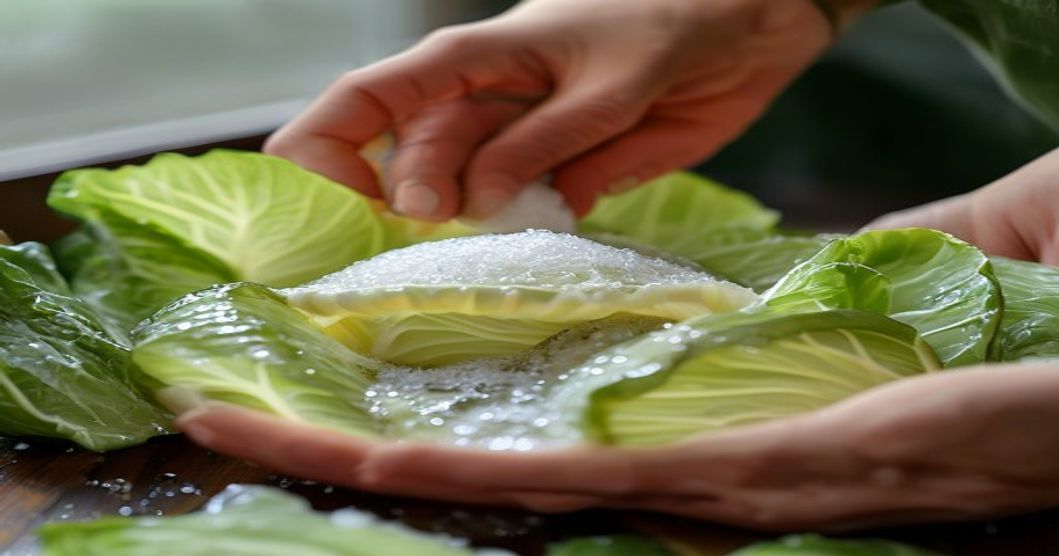 Salting and massaging napa cabbage leaves during kimchi preparation