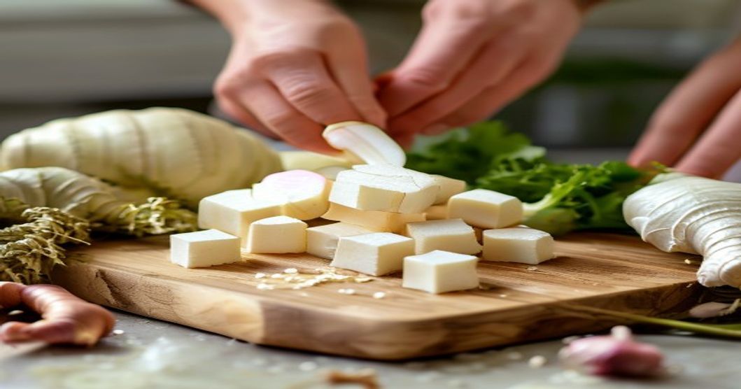Cubing daikon radish for kimchi preparation, beginner-friendly cutting technique