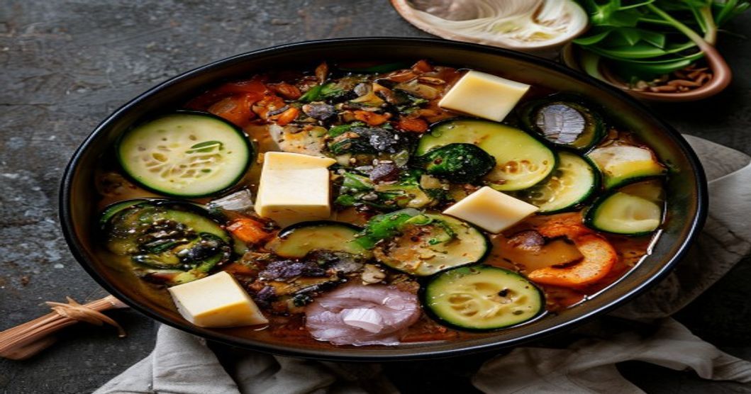 doenjang jjigae ingredients including tofu zucchini and anchovies for Korean soup