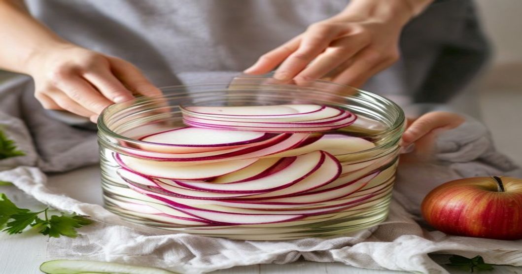 Layering radish and apple into a jar for kimchi fermentation process