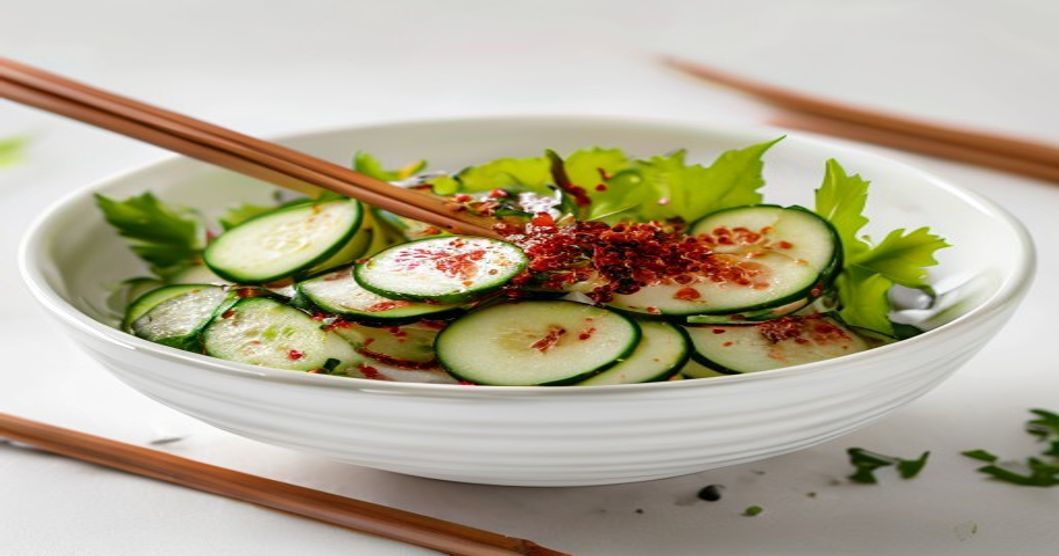 Finished cucumber kimchi with perilla leaves served in a traditional Korean bowl, showing the vibrant colors and layered texture of the summer side dish