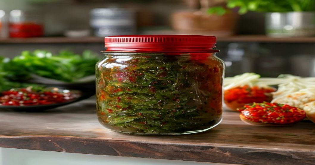 Completed green onion kimchi fermenting in a glass jar ready to serve as a korean side dish