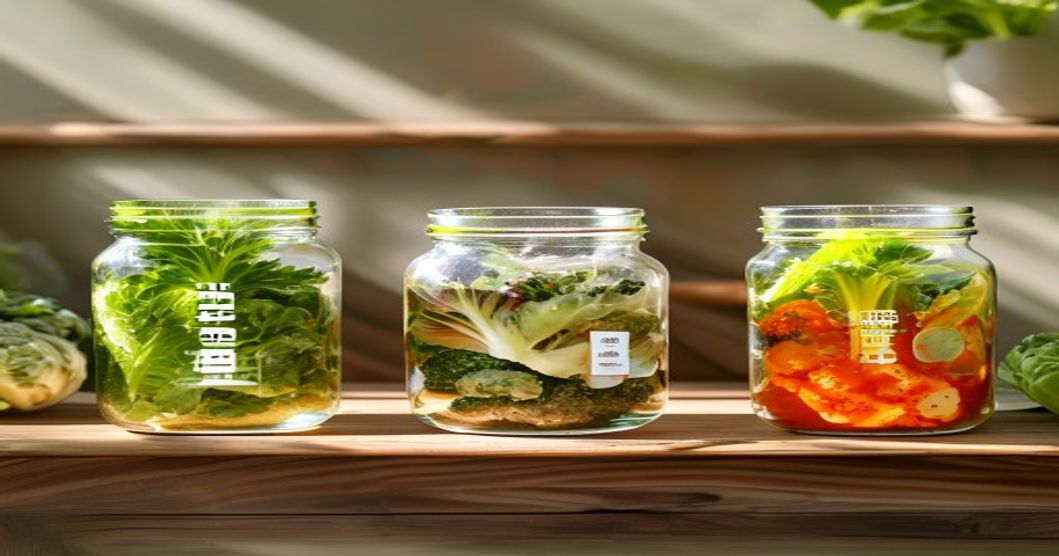fermentation stages of homemade bok choy radish kimchi in glass jars over time