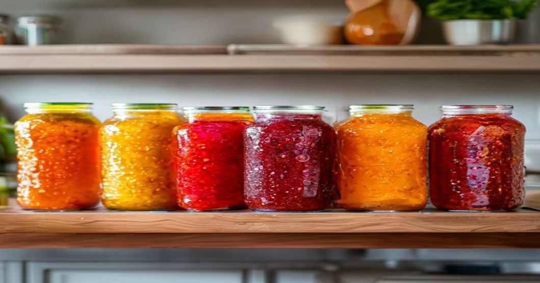 Fermented kimchi jars showing 5-day fermentation progression with mustard greens