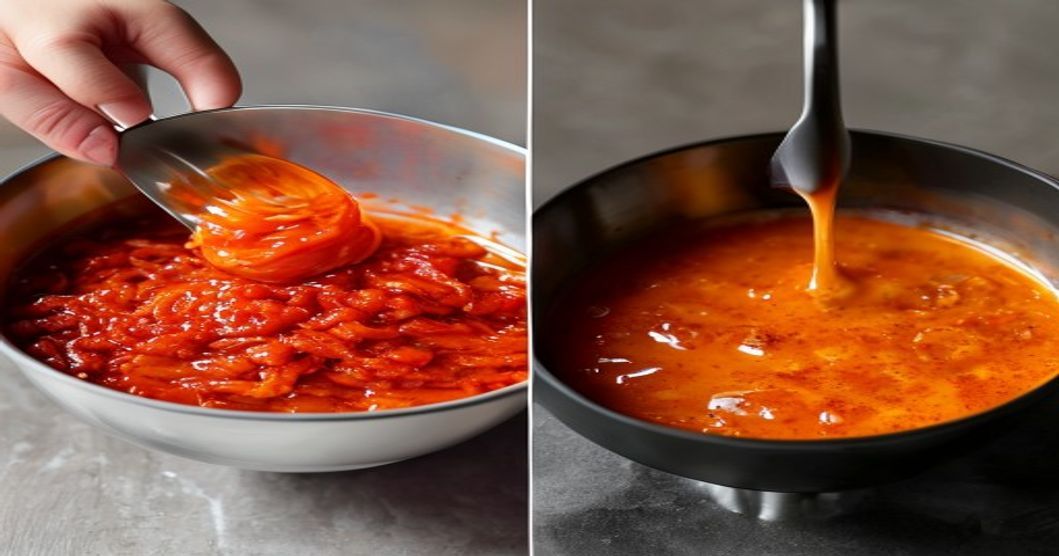 Whisking and simmering tteokbokki sauce—two key stages of the cooking process