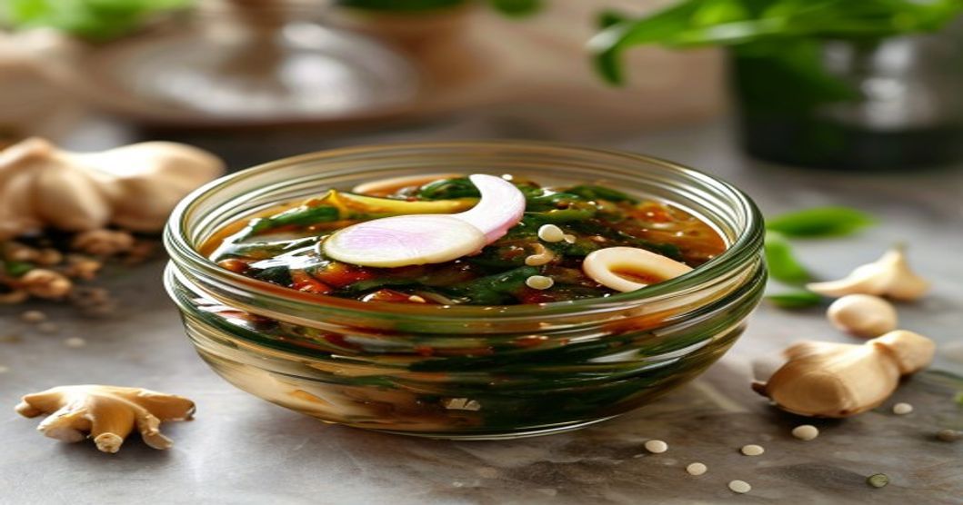 spinach sesame oil kimchi in glass jar ready to ferment