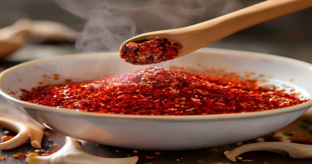 Preparing the red chili paste base for turnip and scallion kimchi fermentation