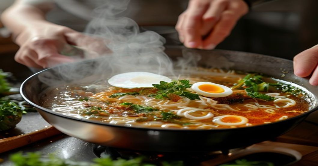 Adding fresh ginger and toppings to upgrade Korean instant ramen broth