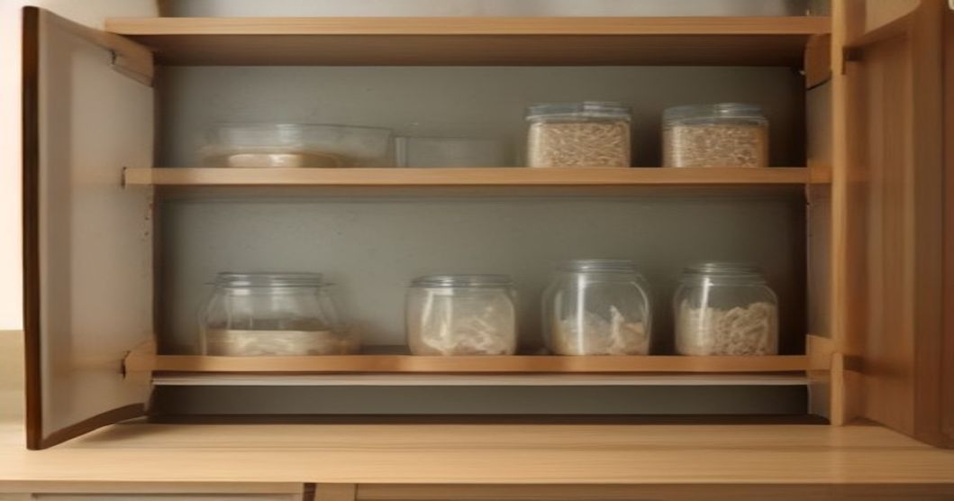 Well-organized Korean kitchen pantry with staple ingredients stored in glass containers and jars for easy access and freshness