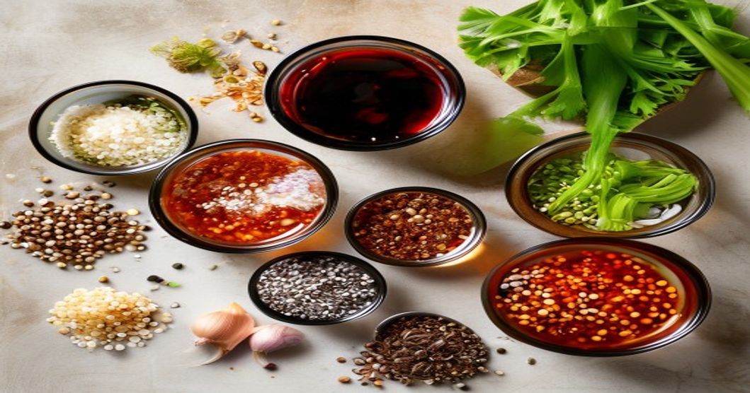 Korean cooking ingredients for dakgangjeong sauce laid out in bowls on wooden surface