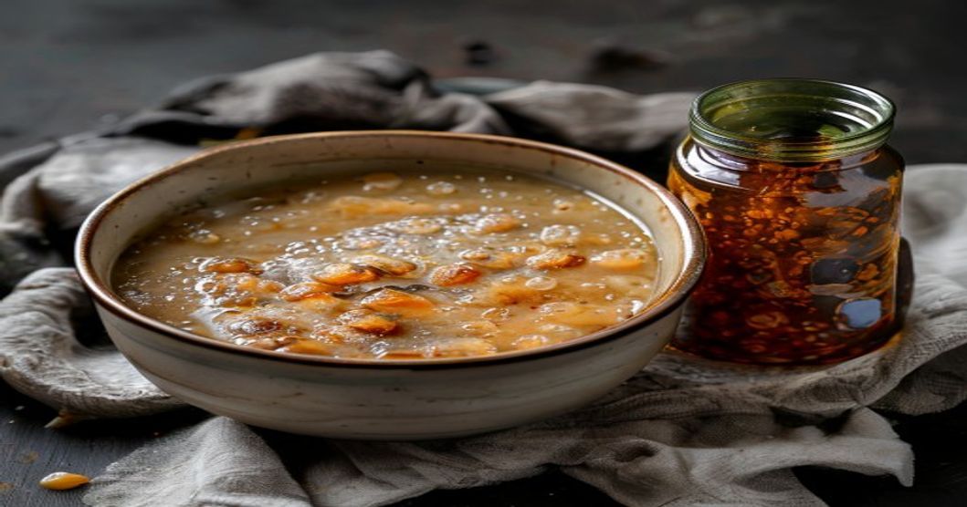 Anchovy broth and fermenting kimchi jar during the fermentation process