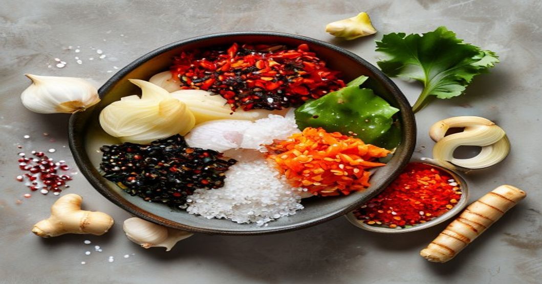 Daikon radish kimchi ingredients spread: kelp, chili flakes, garlic, ginger, and seasonings