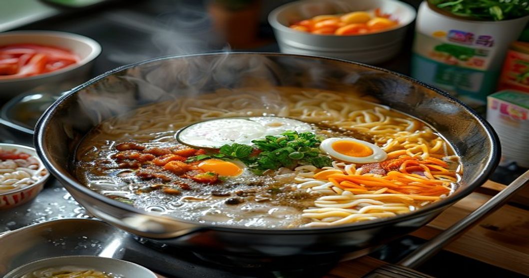 Overhead shot of a ramen cooking station with a pot of boiling water, packages of instant noodles, a bowl of toppings including kimchi, corn, mushrooms, and eggs on a kitchen counter.