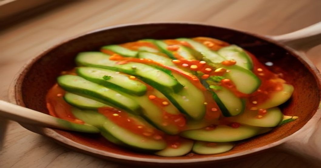 Coating cucumber slices with chili flake paste during cucumber kimchi preparation